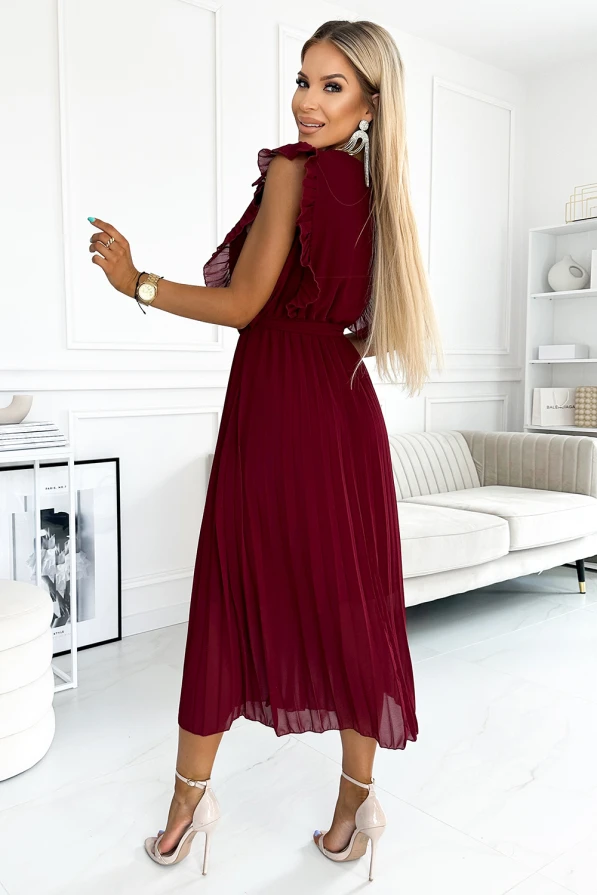 469-1 Pleated dress with frills, neckline and belt - burgundy