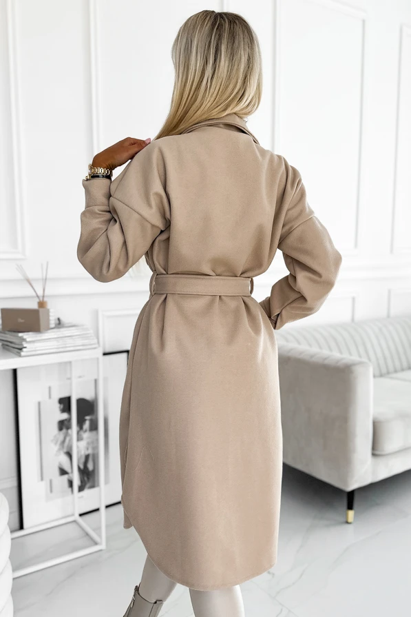 493-1 Warm coat with pockets, buttons and tie at the waist - beige