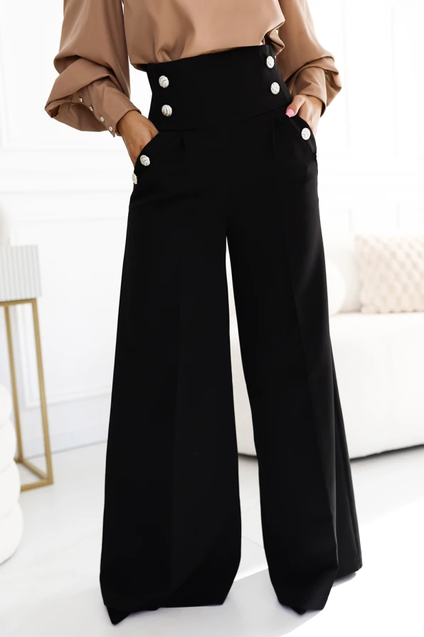 496-2 Elegant wide pants with high waist and golden buttons - black