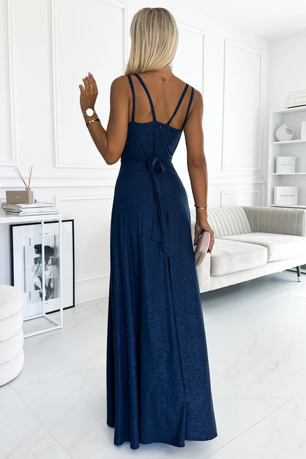 498-1 Long dress with a neckline and double straps - navy blue with glitter