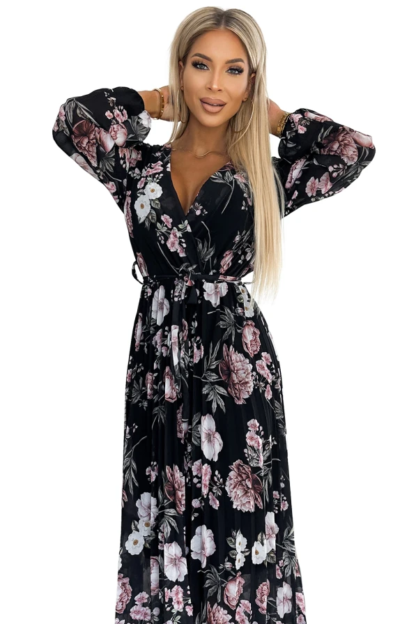 502-1 Pleated midi dress with a neckline, long sleeves and a tie at the waist - black with pink flowers