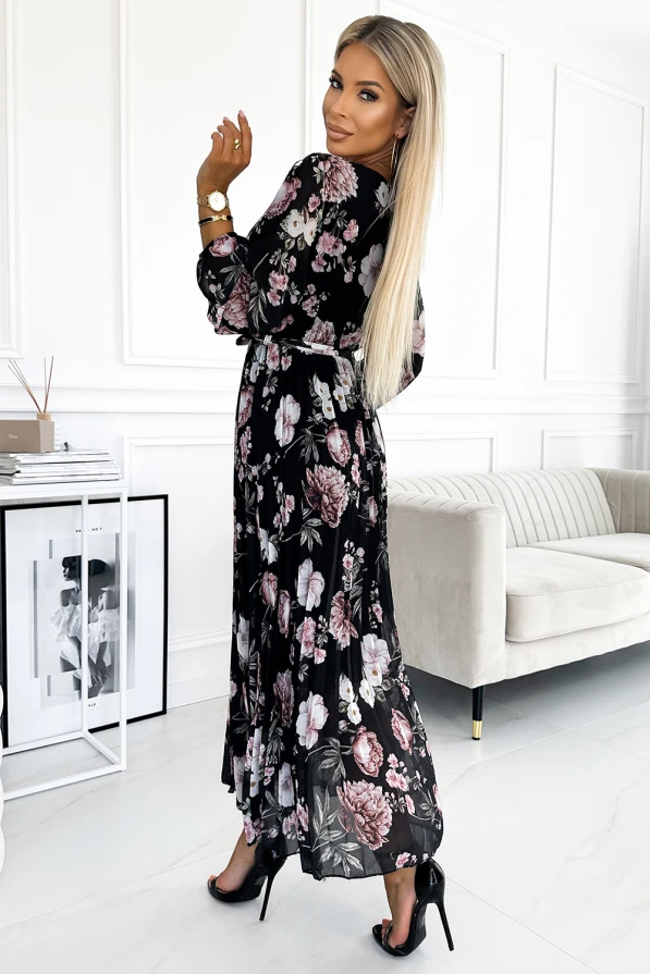 502-1 Pleated midi dress with a neckline, long sleeves and a tie at the waist - black with pink flowers