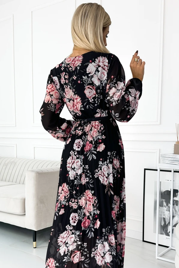 502-2 Pleated midi dress with a neckline, long sleeves and a tie at the waist - black with red and pink roses