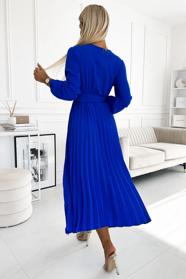 504-1 VIVIANA Pleated midi dress with a neckline, long sleeves and a wide belt - blue