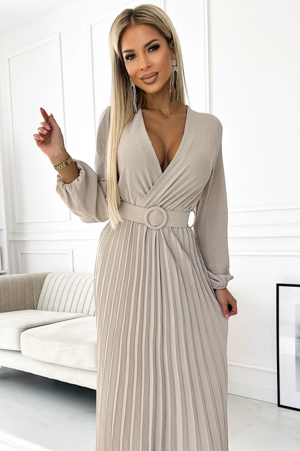 504-2 VIVIANA Pleated midi dress with a neckline, long sleeves and a wide belt - beige colour