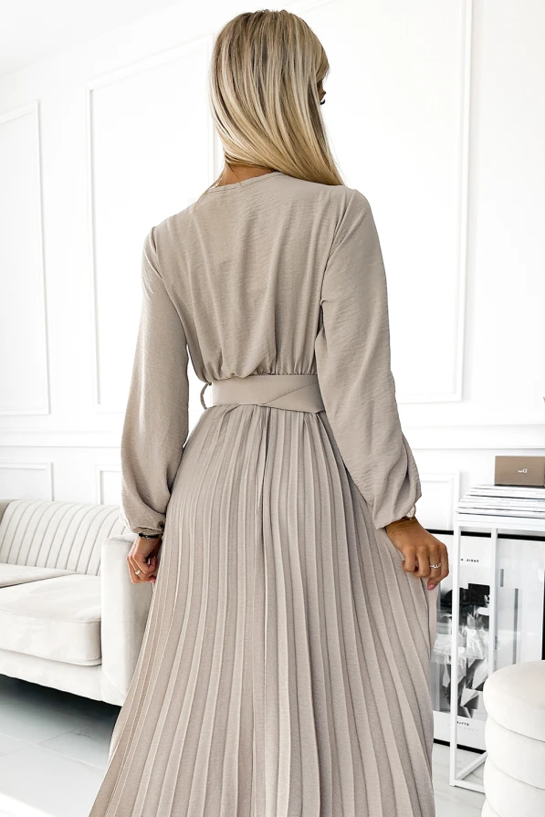 504-2 VIVIANA Pleated midi dress with a neckline, long sleeves and a wide belt - beige colour