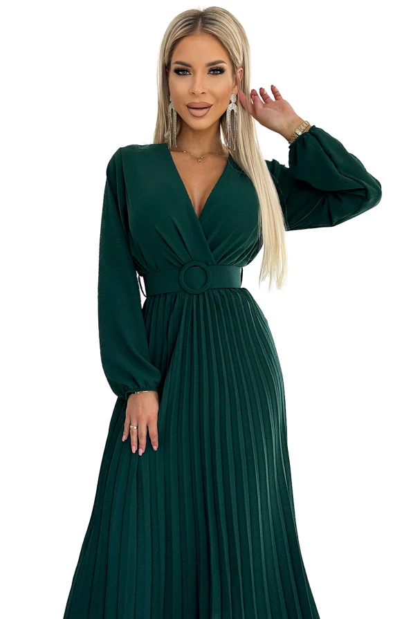 504-3 VIVIANA Pleated midi dress with a neckline, long sleeves and a wide belt - green