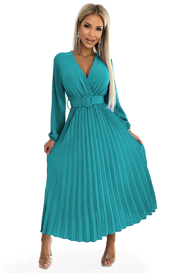 504-6 VIVIANA Pleated midi dress with a neckline, long sleeves and a wide belt - sea ​​color