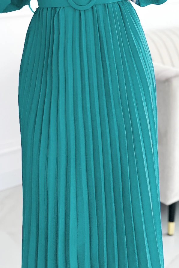 504-6 VIVIANA Pleated midi dress with a neckline, long sleeves and a wide belt - sea ​​color