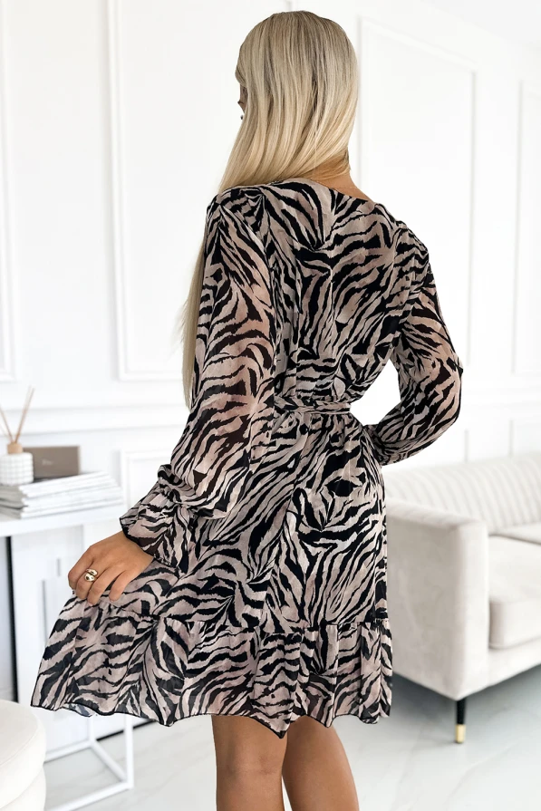 506-2 Chiffon dress with a neckline, ruffles and a belt - beige and black zebra