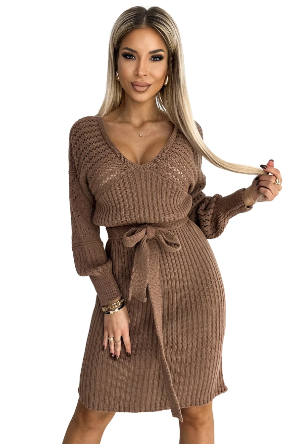 559-1 Openwork sweater dress with a neckline and ties - coffee with milk