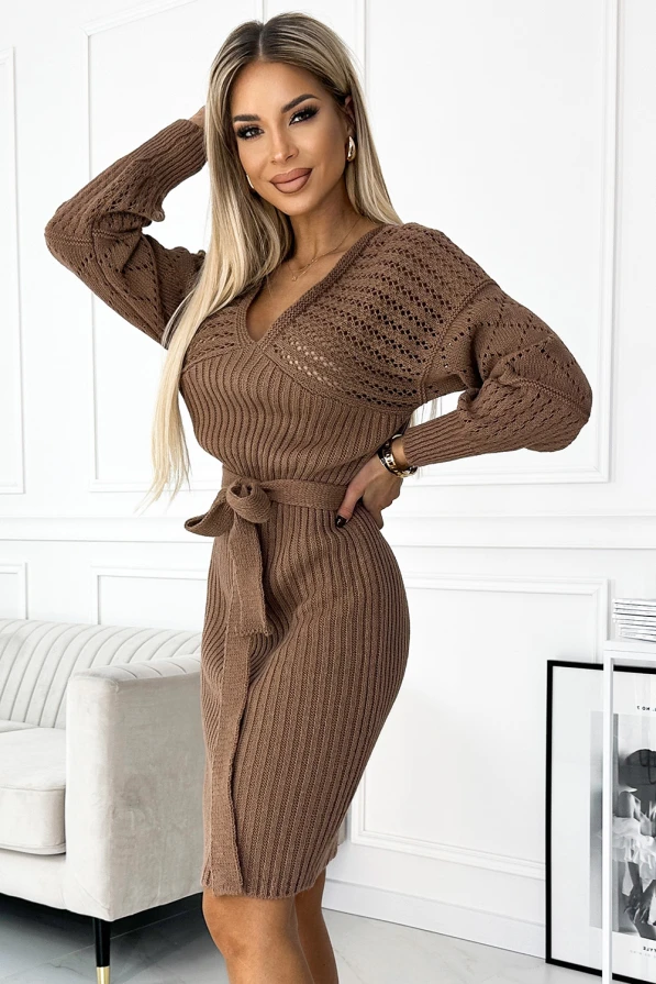 559-1 Openwork sweater dress with a neckline and ties - coffee with milk