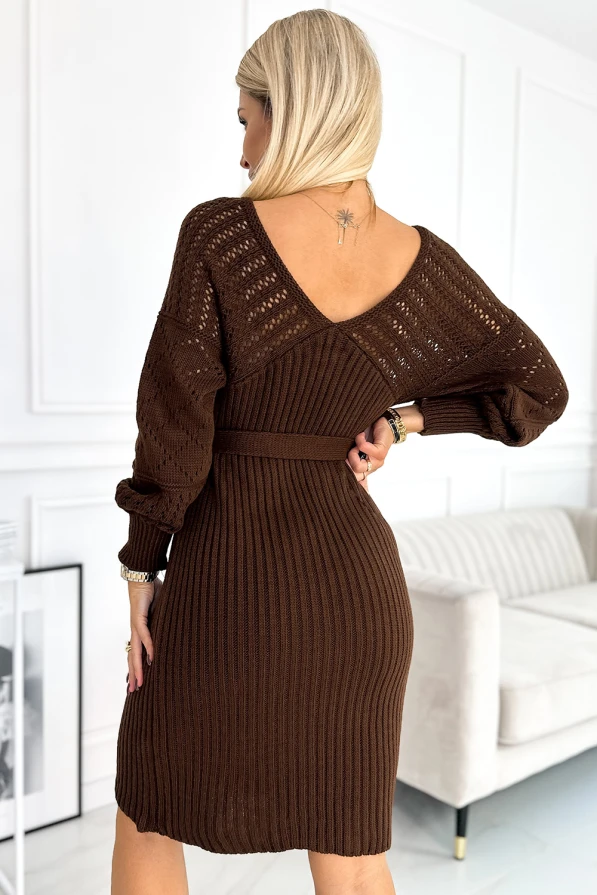 507-3 Openwork sweater dress with a neckline and ties - chocolate color