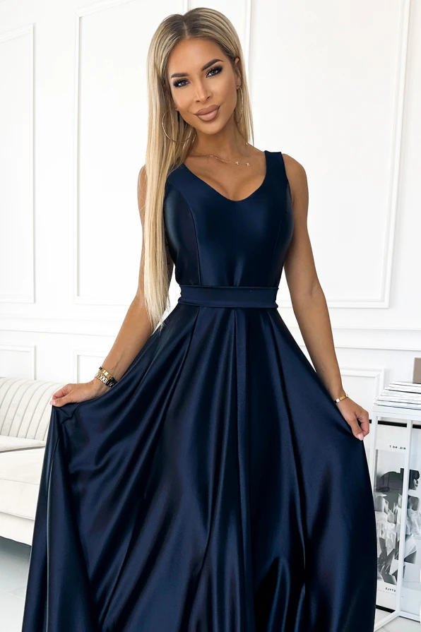 508-1 CINDY long satin dress with a neckline and bow - navy blue