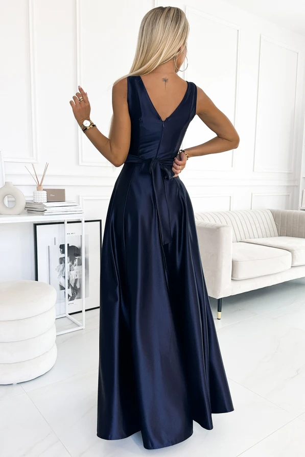508-1 CINDY long satin dress with a neckline and bow - navy blue