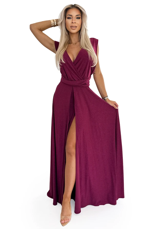 509-3 Elegant long dress tied in many ways - burgundy with glitter