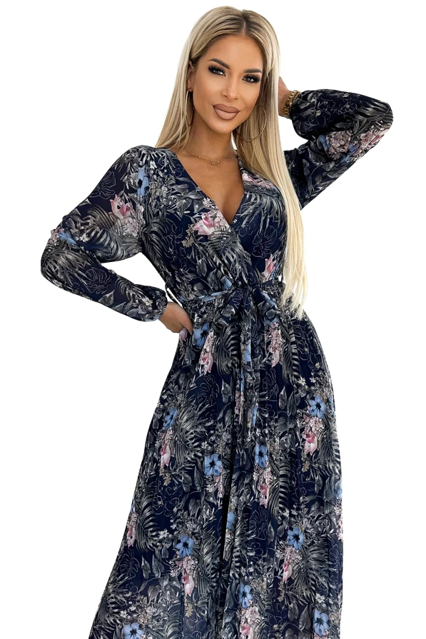 511-3 Pleated chiffon long dress with a neckline, long sleeves and a belt - navy blue pattern