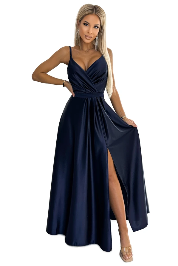 512-2 JULIET elegant long satin dress with a neckline - navy blue