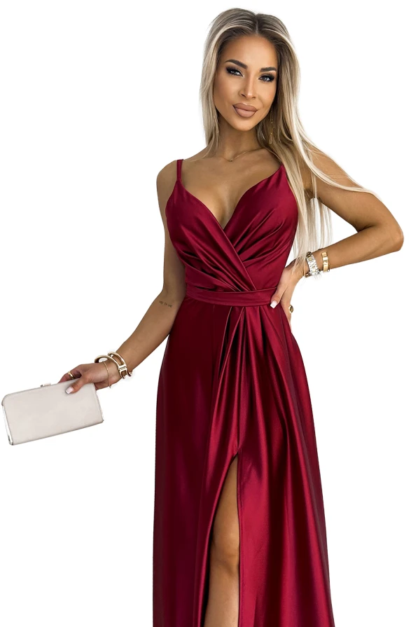 512-6 JULIET elegant long satin dress with a neckline and leg slit - Burgundy color