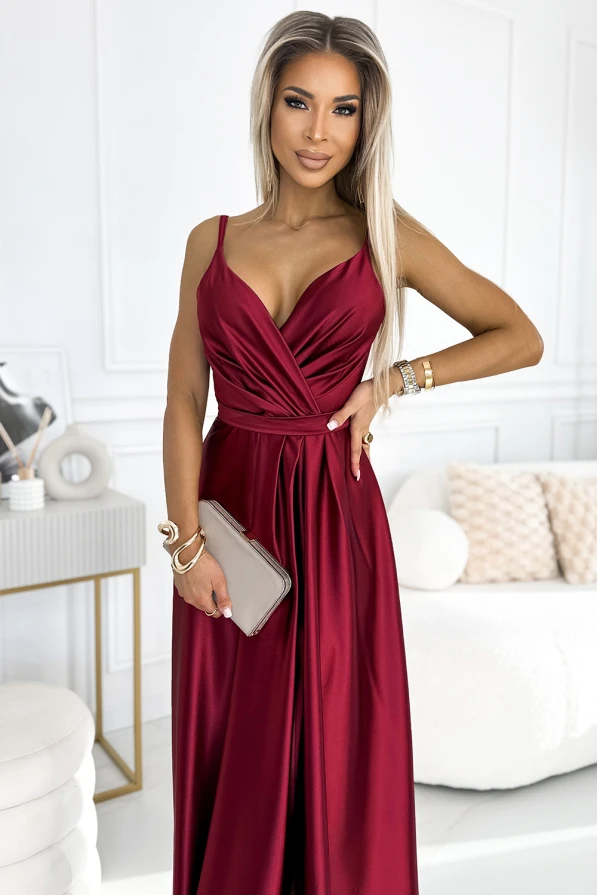 512-6 JULIET elegant long satin dress with a neckline and leg slit - Burgundy color