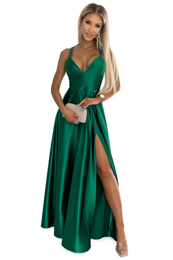 513-1 LUNA elegant long satin dress with a neckline and crossed straps - green
