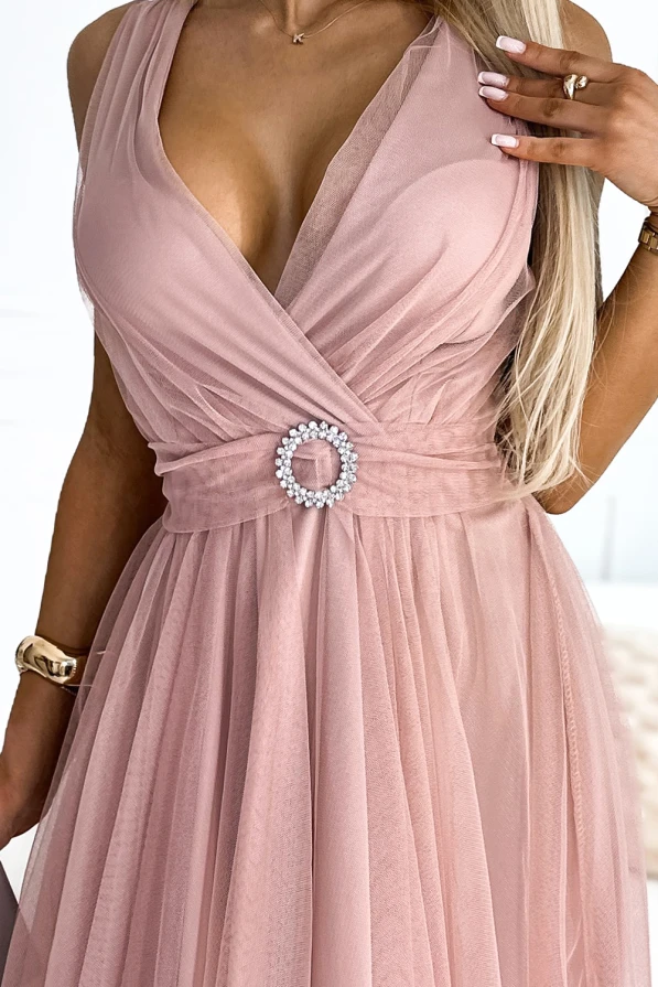 525-2 OLGA tulle dress with a neckline and decorative buckle - dirty pink
