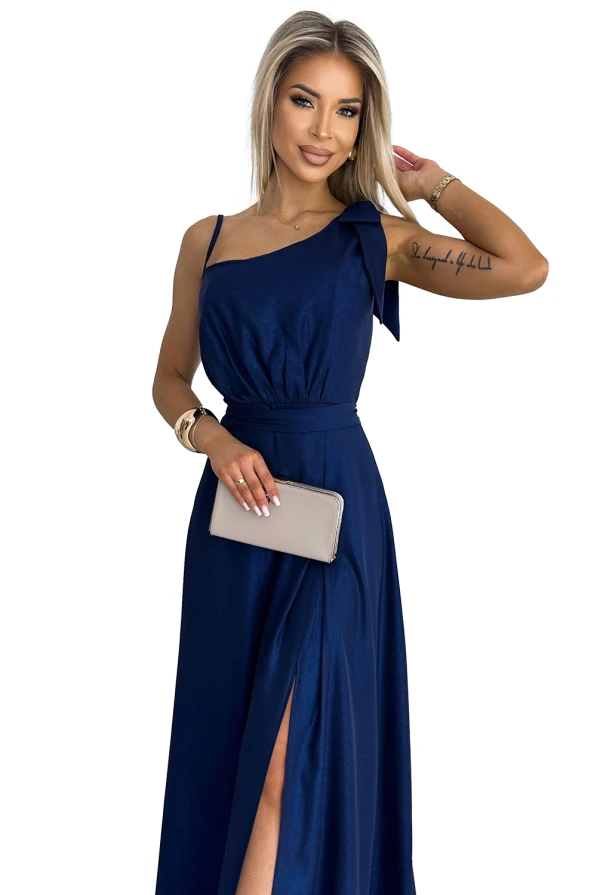 528-1 Long shiny one-shoulder dress with a bow - navy blue