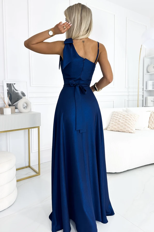 528-1 Long shiny one-shoulder dress with a bow - navy blue