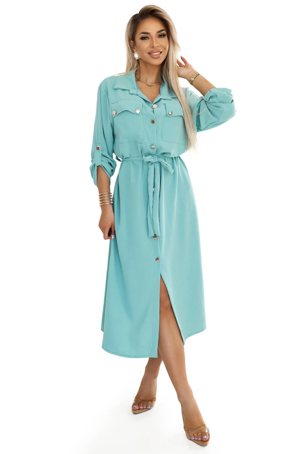 531-2 Midi shirt dress with gold buttons and ties - mint