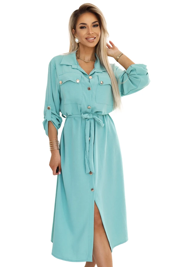 531-2 Midi shirt dress with gold buttons and ties - mint