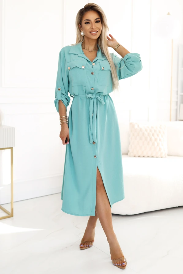 531-2 Midi shirt dress with gold buttons and ties - mint