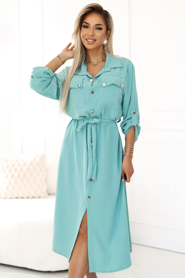 531-2 Midi shirt dress with gold buttons and ties - mint