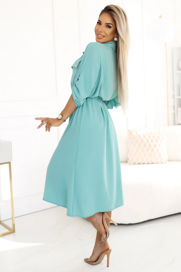 531-2 Midi shirt dress with gold buttons and ties - mint