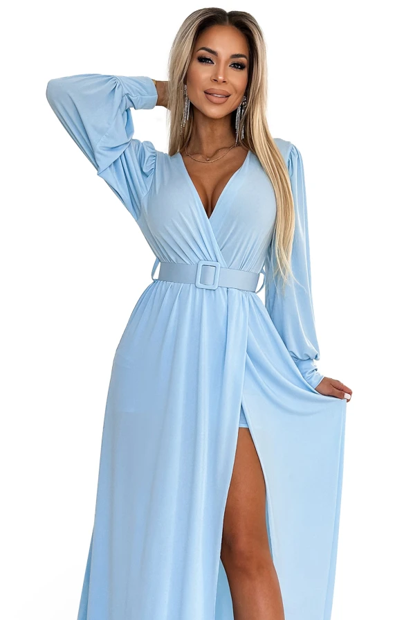 536-1 FIORELLA Long dress with a wide belt and neckline - light blue