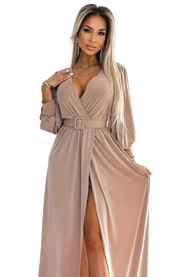 536-2 FIORELLA Long dress with a wide belt and neckline - beige