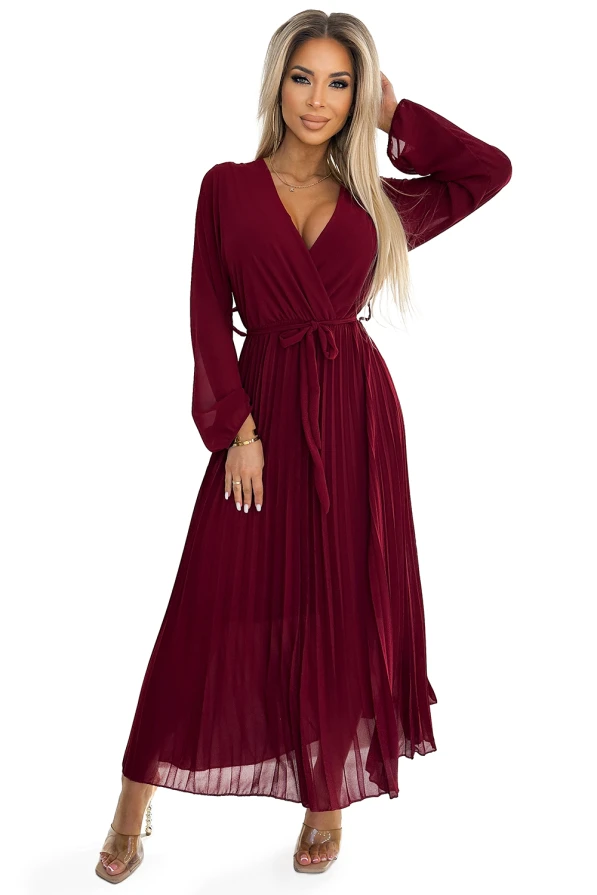 537-1 Pleated chiffon dress with scoop neckline, long sleeves and tied belt - burgundy