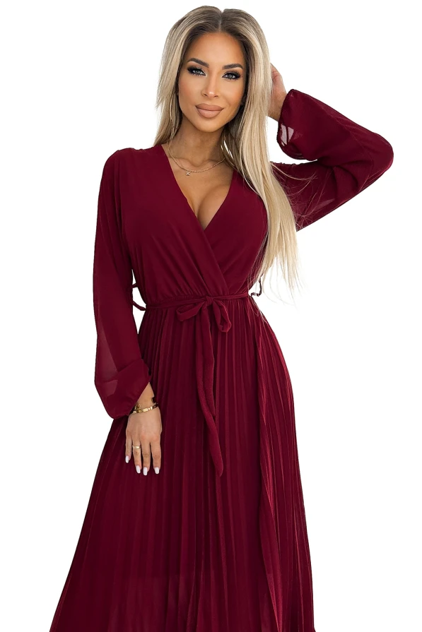 537-1 Pleated chiffon dress with scoop neckline, long sleeves and tied belt - burgundy