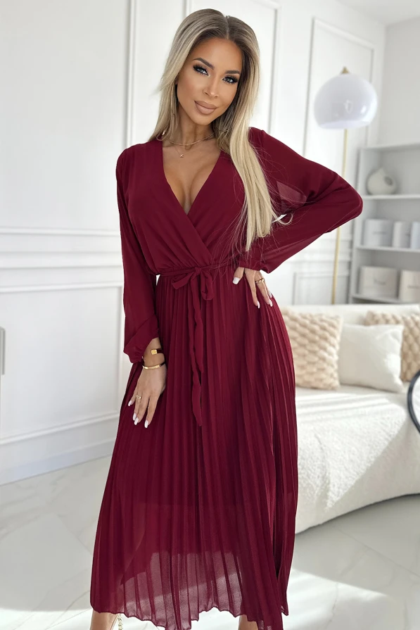 537-1 Pleated chiffon dress with scoop neckline, long sleeves and tied belt - burgundy