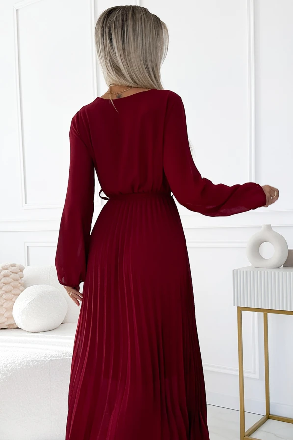 537-1 Pleated chiffon dress with scoop neckline, long sleeves and tied belt - burgundy