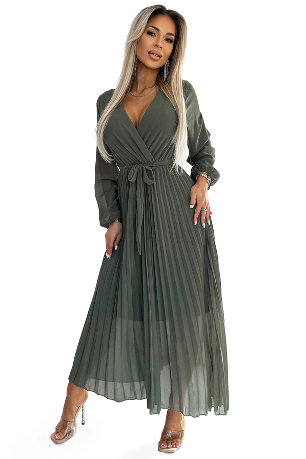 537-2 Pleated chiffon dress with scoop neckline, long sleeves and tied belt - KHAKI