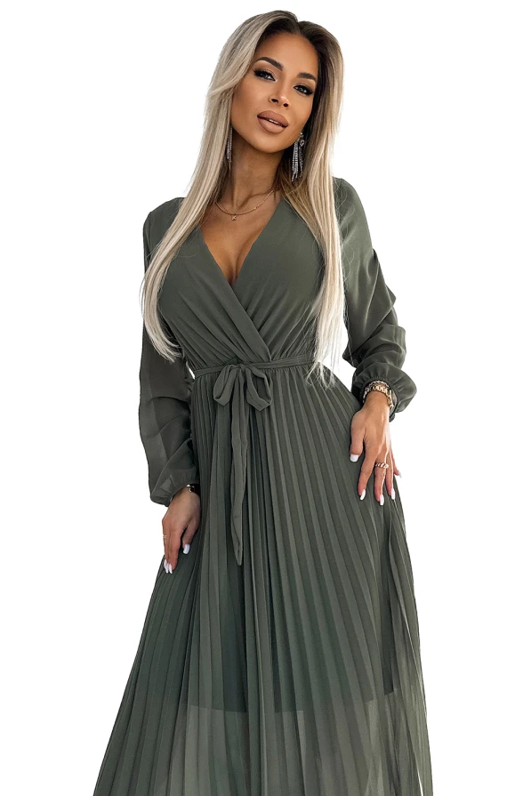 537-2 Pleated chiffon dress with scoop neckline, long sleeves and tied belt - KHAKI