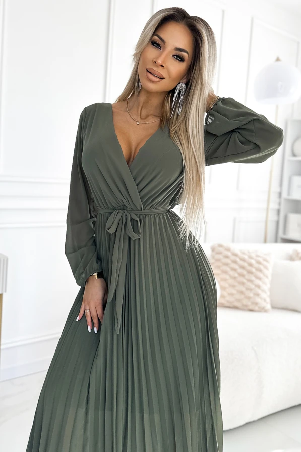 537-2 Pleated chiffon dress with scoop neckline, long sleeves and tied belt - KHAKI