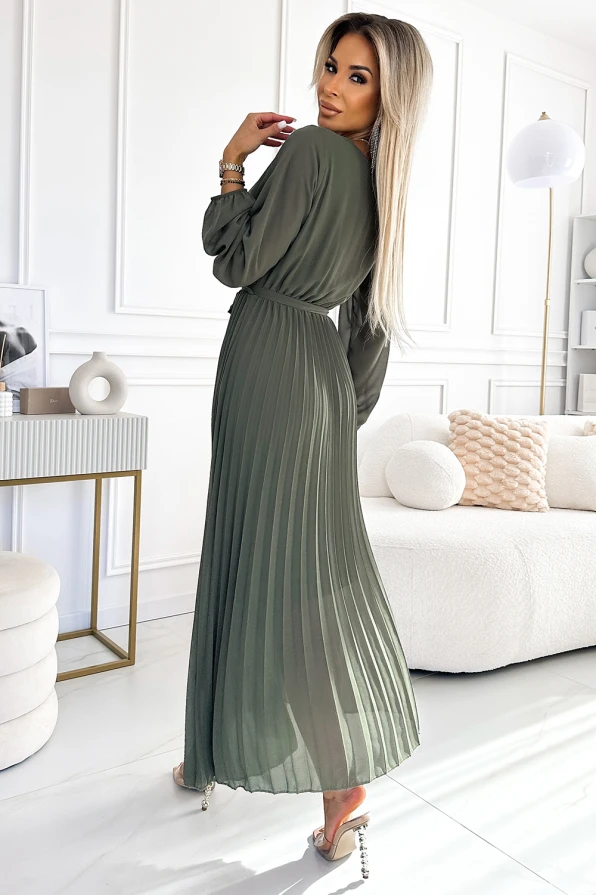 537-2 Pleated chiffon dress with scoop neckline, long sleeves and tied belt - KHAKI