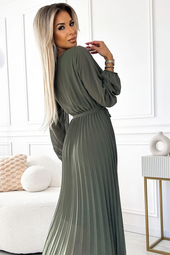 537-2 Pleated chiffon dress with scoop neckline, long sleeves and tied belt - KHAKI