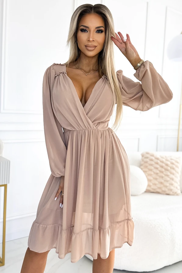 538-1 MILA Chiffon midi dress with long sleeves and neckline - beige