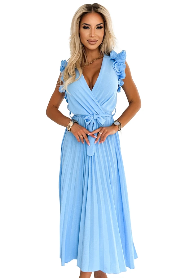 543-2 Pleated midi dress with a neckline and delicate ruffles - light blue