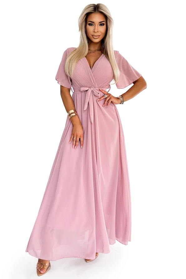 545-1 Long dress with a pleated neckline and ties - powder pink