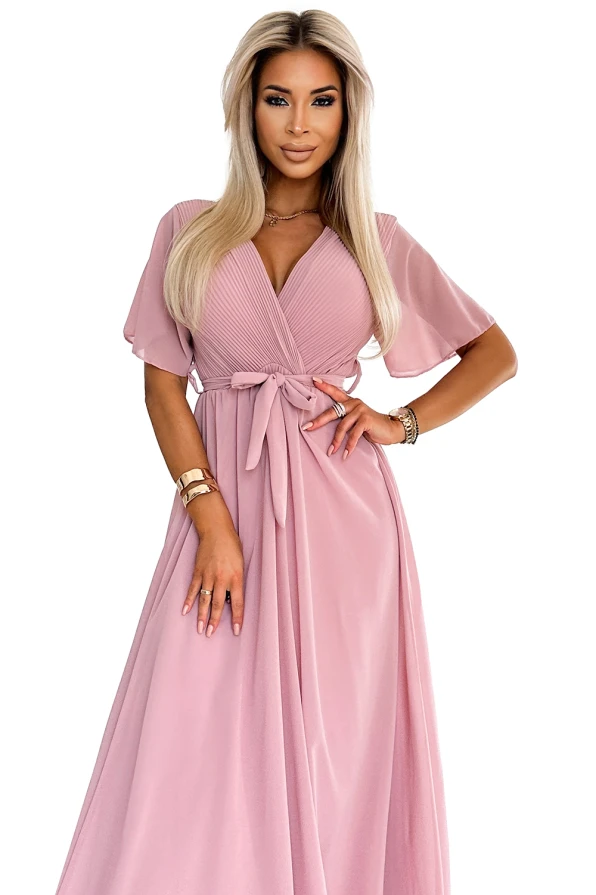 545-1 Long dress with a pleated neckline and ties - powder pink