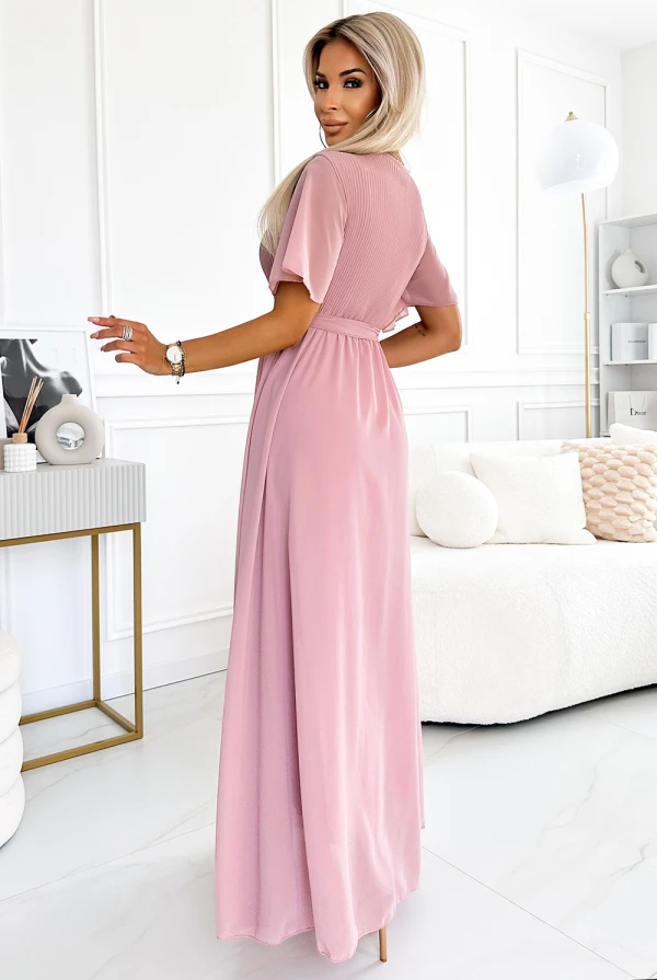 545-1 Long dress with a pleated neckline and ties - powder pink