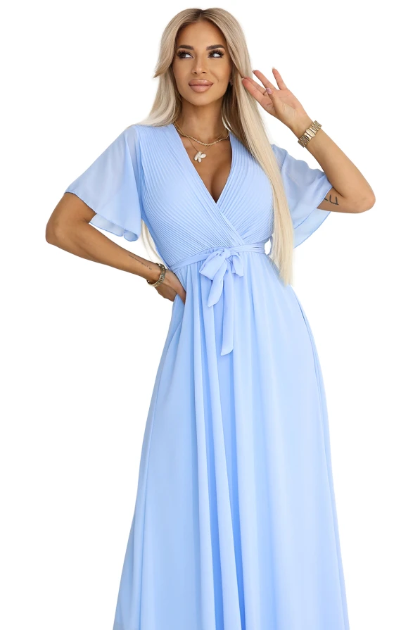 545-2 Long dress with pleated neckline and tie - light blue